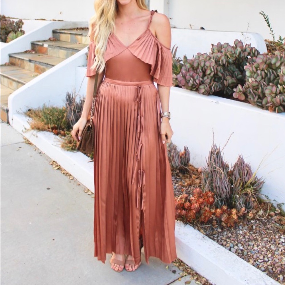 Olivia Palermo Pleated Off The Shoulder Maxi Dress